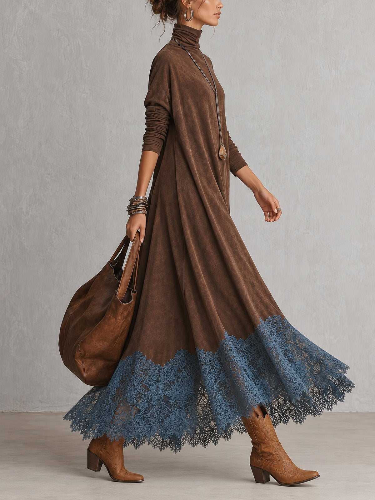 BRUNELLA | Vestido largo efecto ante con bajo de encaje