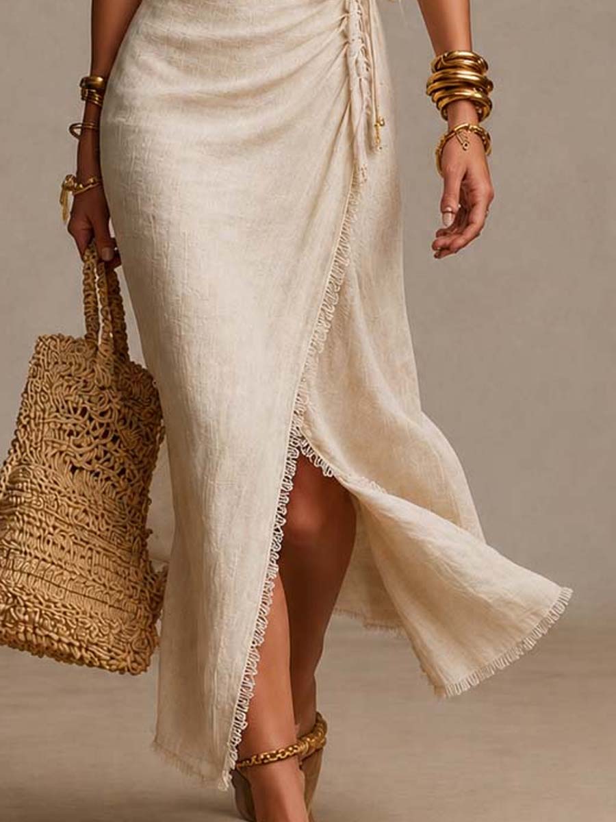 Tatiana | Vestido Midi con Textura de Lino y Escote Cruzado con Encaje