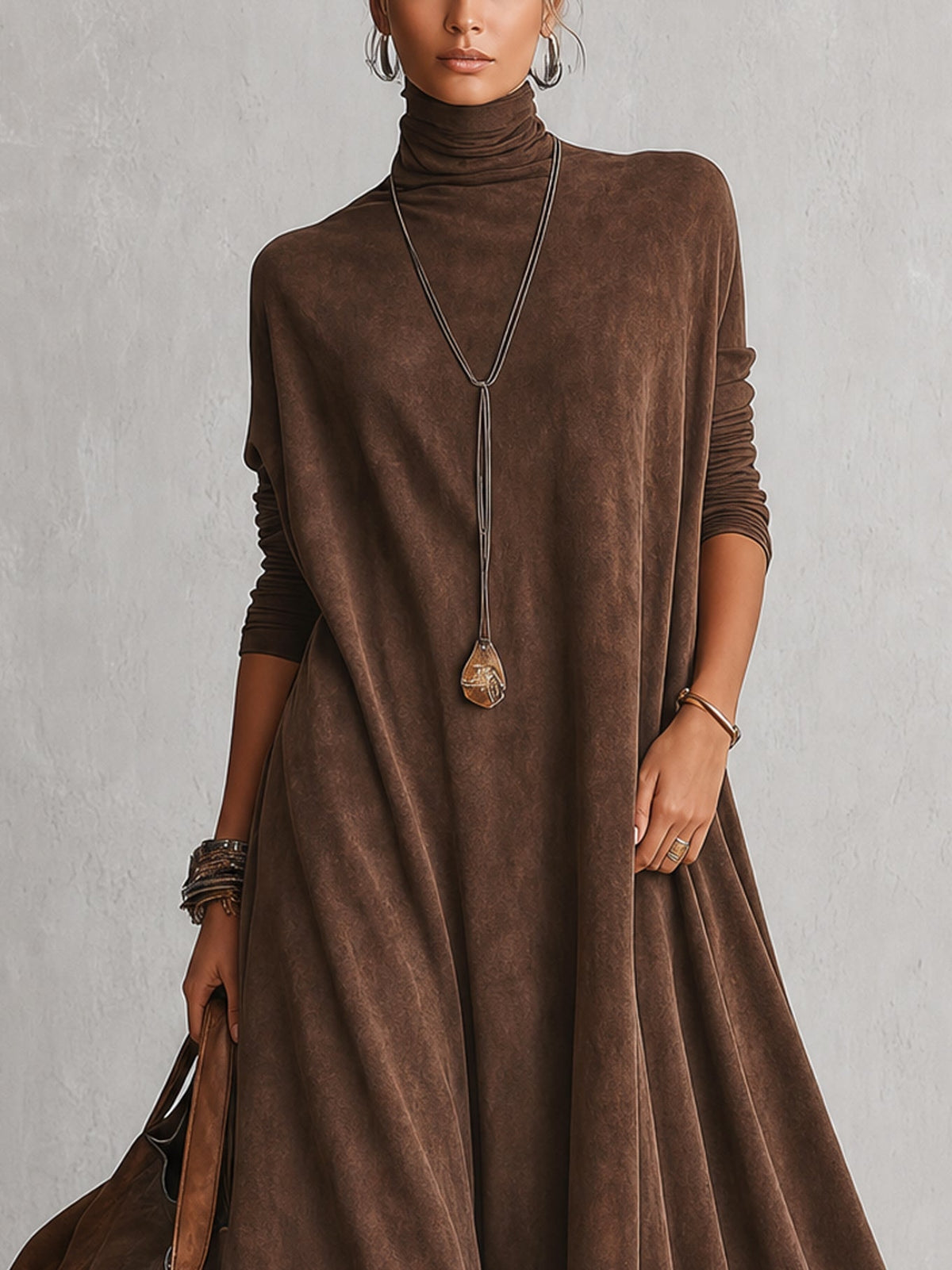 BRUNELLA | Vestido largo efecto ante con bajo de encaje