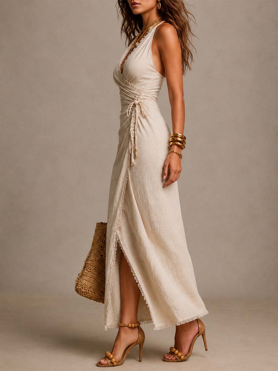 Tatiana | Vestido Midi con Textura de Lino y Escote Cruzado con Encaje