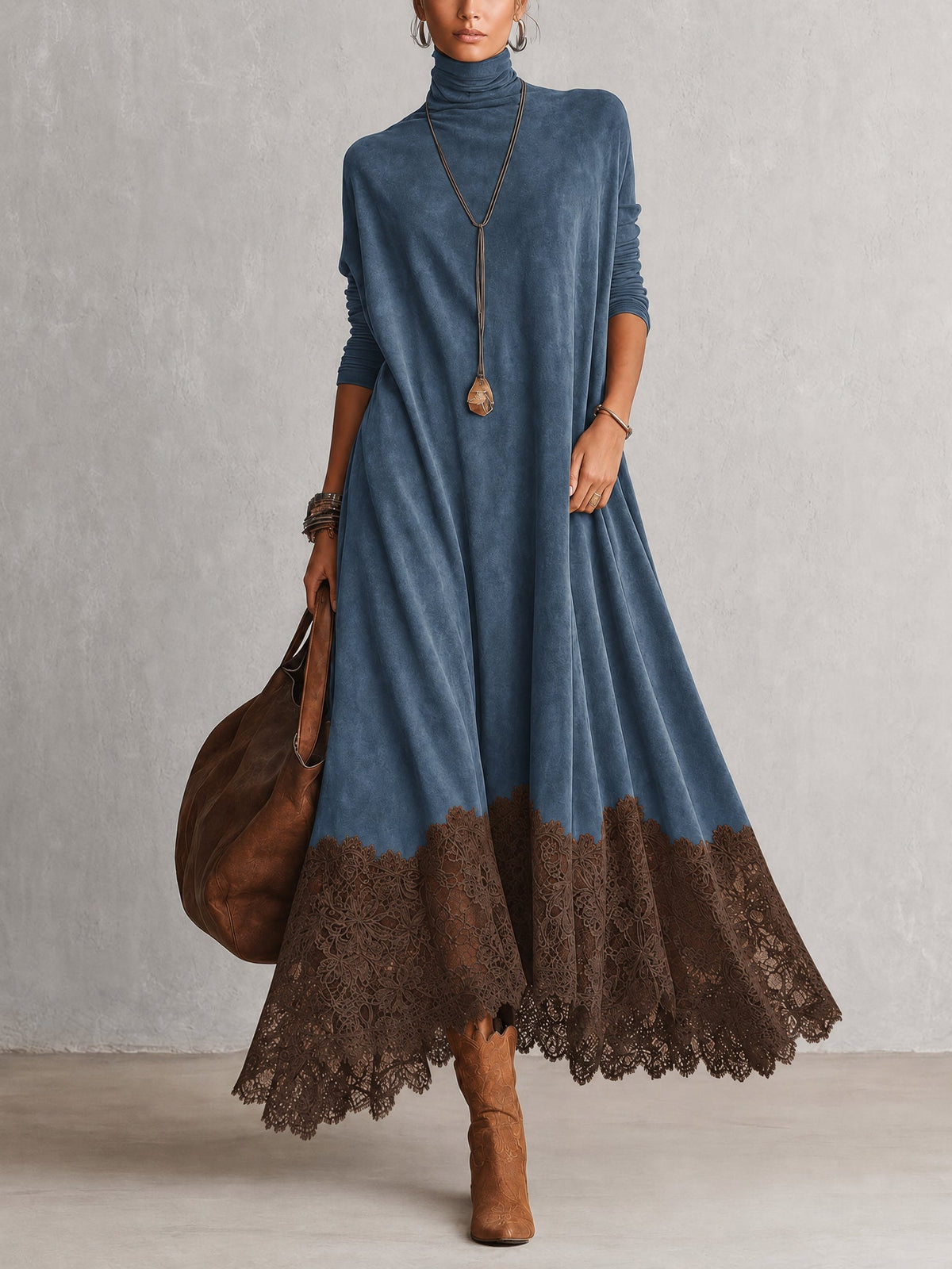 BRUNELLA | Vestido largo efecto ante con bajo de encaje