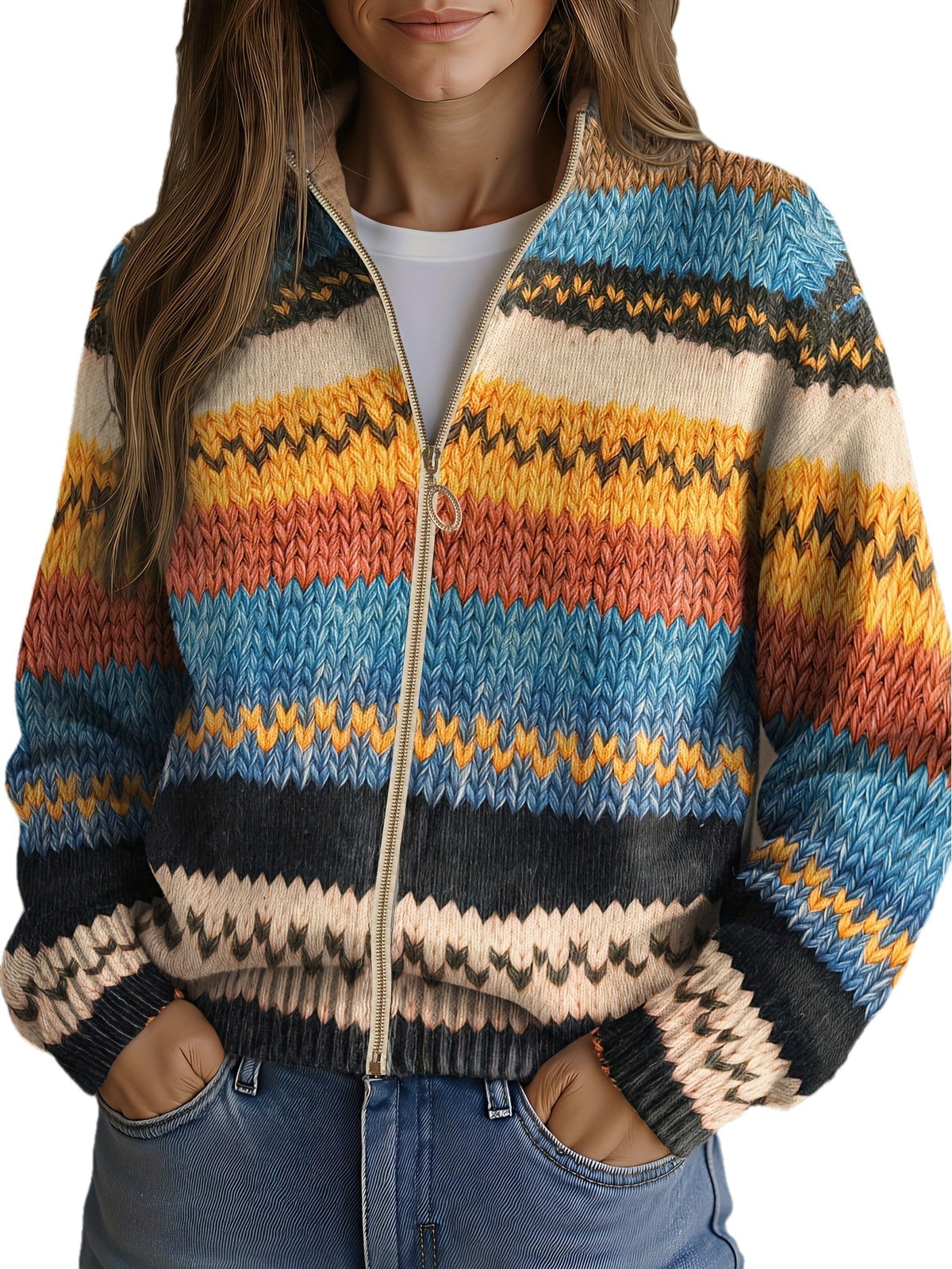 Yseult™ | Cárdigan Multicolor de Punto con Diseño de Rayas Zigzag