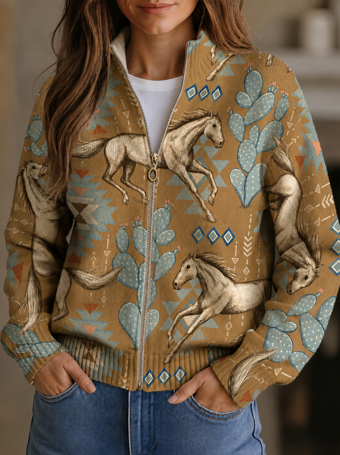 Perpetua™ | Cárdigan con cremallera de caballo del desierto y diseño de cactus
