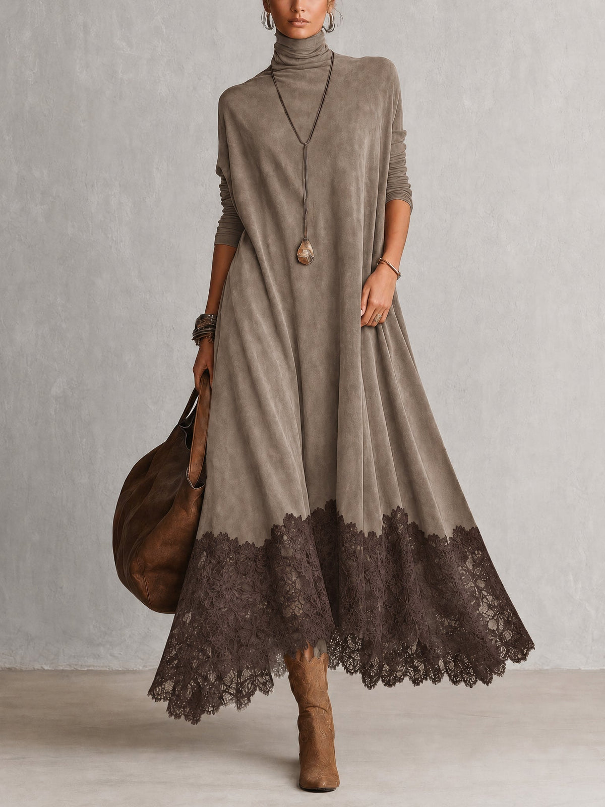 BRUNELLA | Vestido largo efecto ante con bajo de encaje