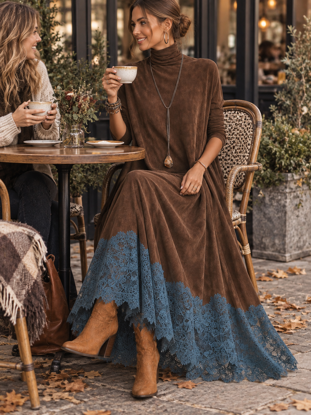 BRUNELLA | Vestido largo efecto ante con bajo de encaje