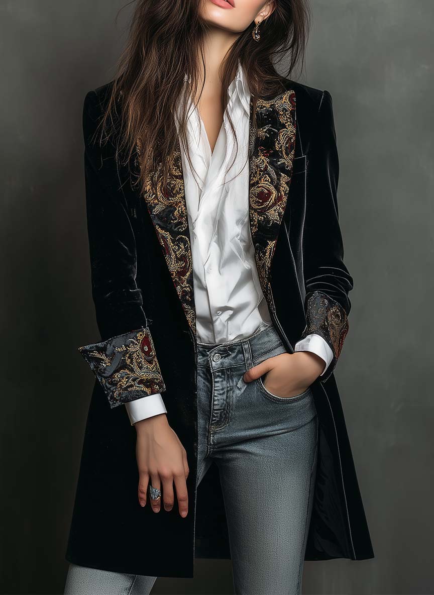 Blazer de mujer entallado en color negro con solapas y estampado barroco
