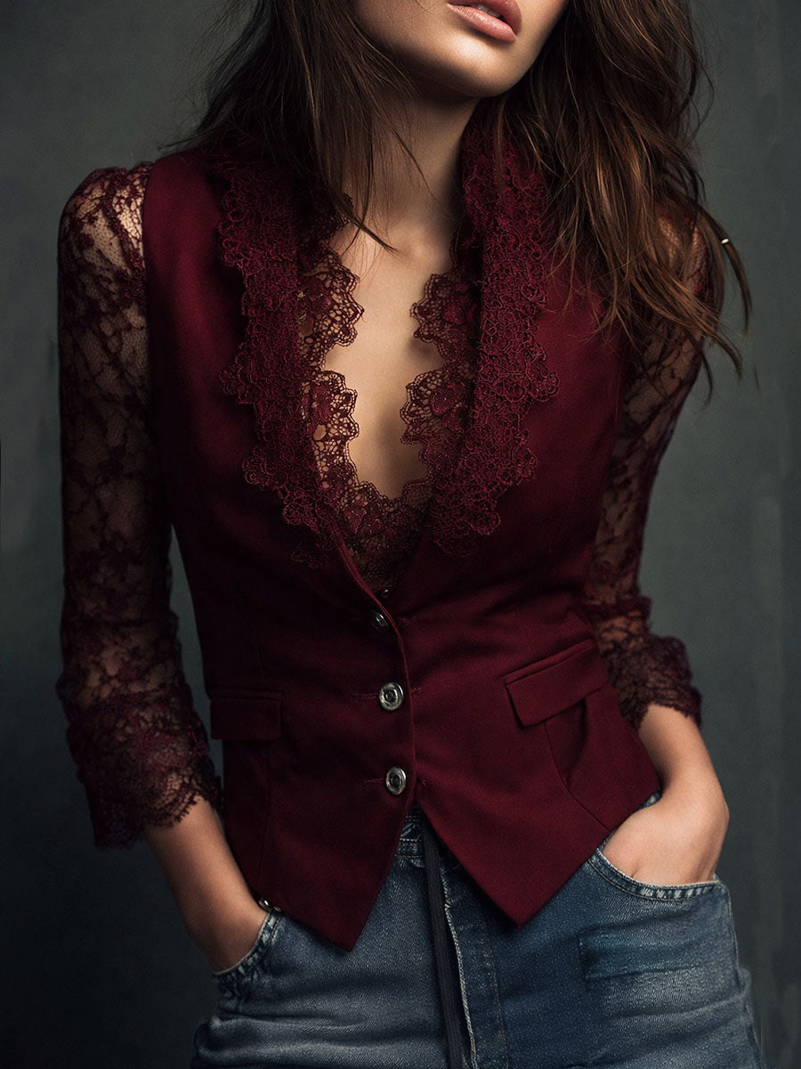 Marie-Laure – Chaleco Blazer de Manga de Encaje
