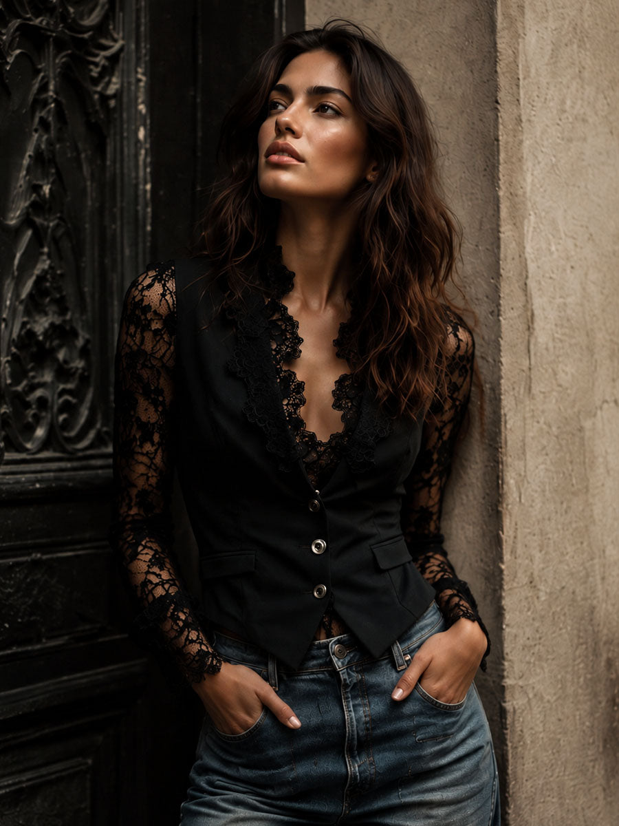 Marie-Laure – Chaleco Blazer de Manga de Encaje