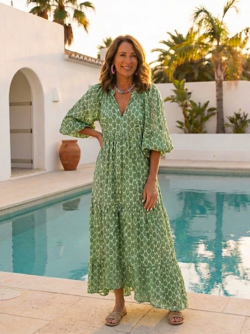 Amapola | Vestido midi estampado con escote en V y manga tres cuartos