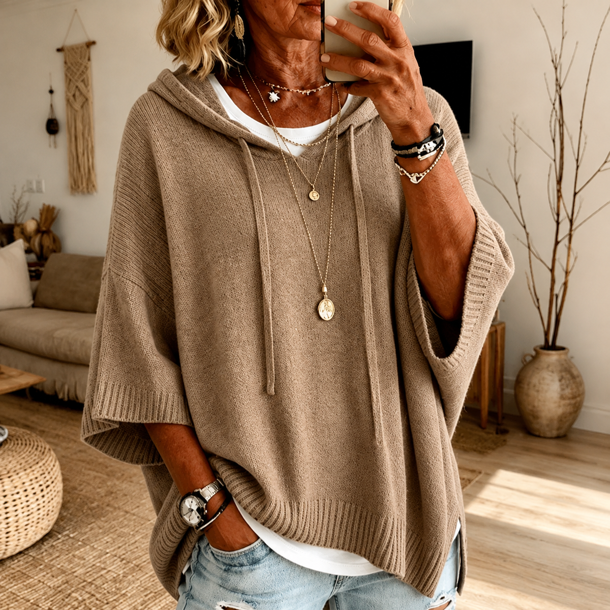 Jersey poncho con capucha topo Manon