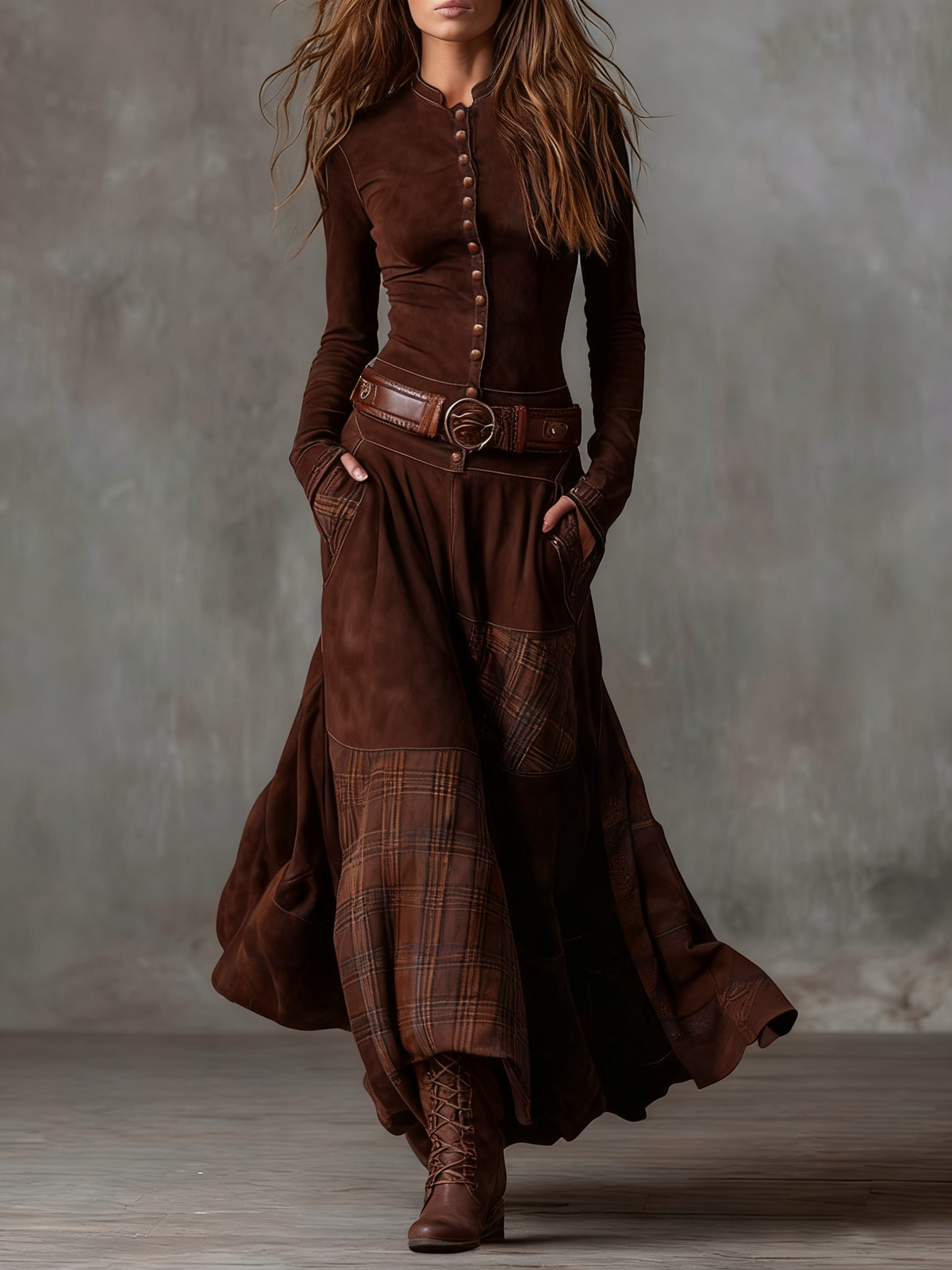 Élise | Vestido Maxi de Ante Sintético con Cinturón
