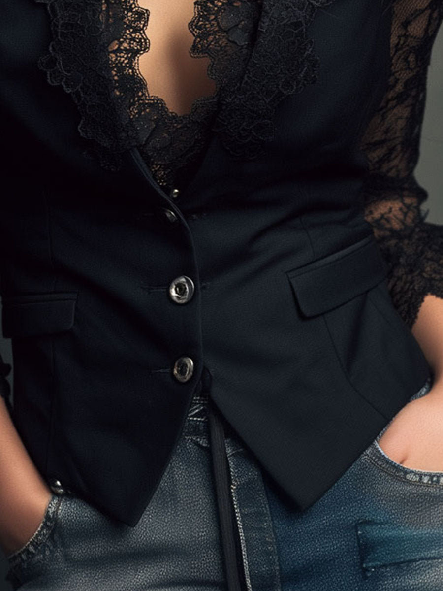 Marie-Laure – Chaleco Blazer de Manga de Encaje